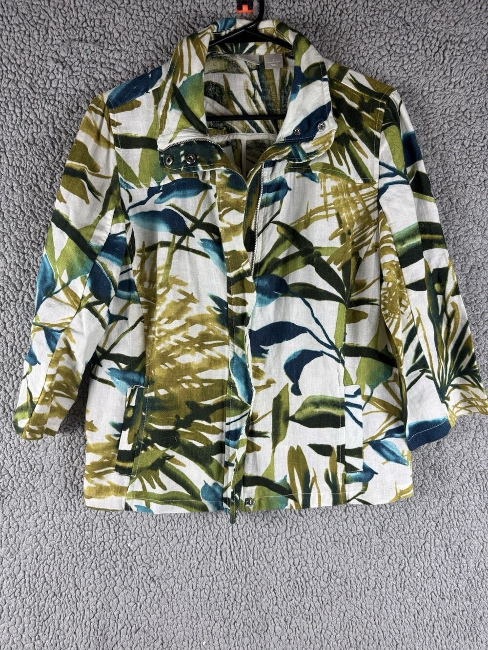 Chicos Tropical Leaf Print Linen Blend Jacket Green Blue White Sz 1